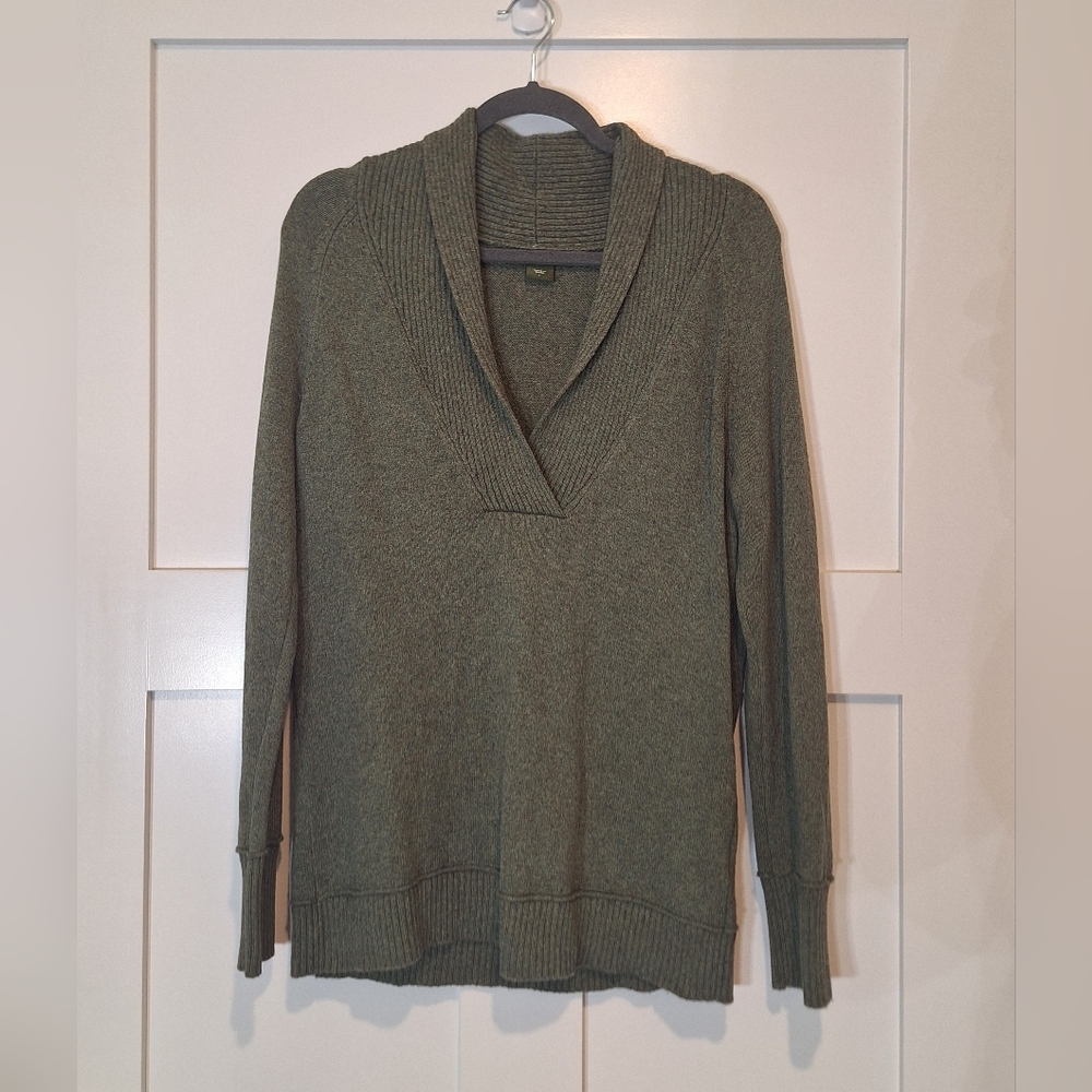 Eddie Bauer Wool Blend Shawl Collar Pullover Sweater V Neck Olive Green Large